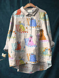 Vintage Lovely Dogs Art Print Casual Cotton And Linen Shirt Multicolor / S