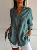 Women’s Single-Row Buttons Pleated Solid Color Shirt Malachitegreen / S