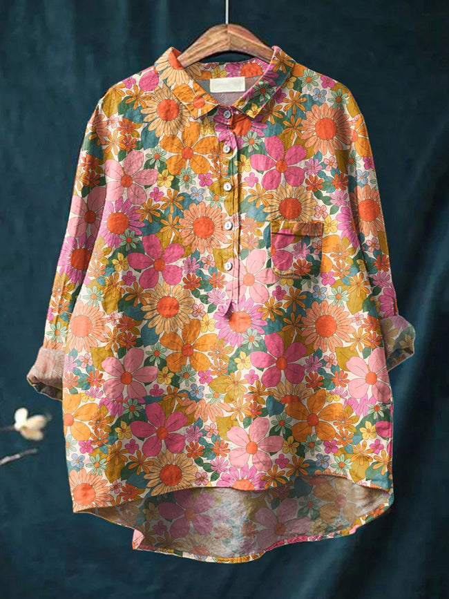 Women’s Hippie Floral Art Print Casual Cotton And Linen Shirt Multicolor / S