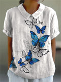 Women’s Vintage Lovely Butterflies Art Print Casual Cotton And Linen Shirt White / S