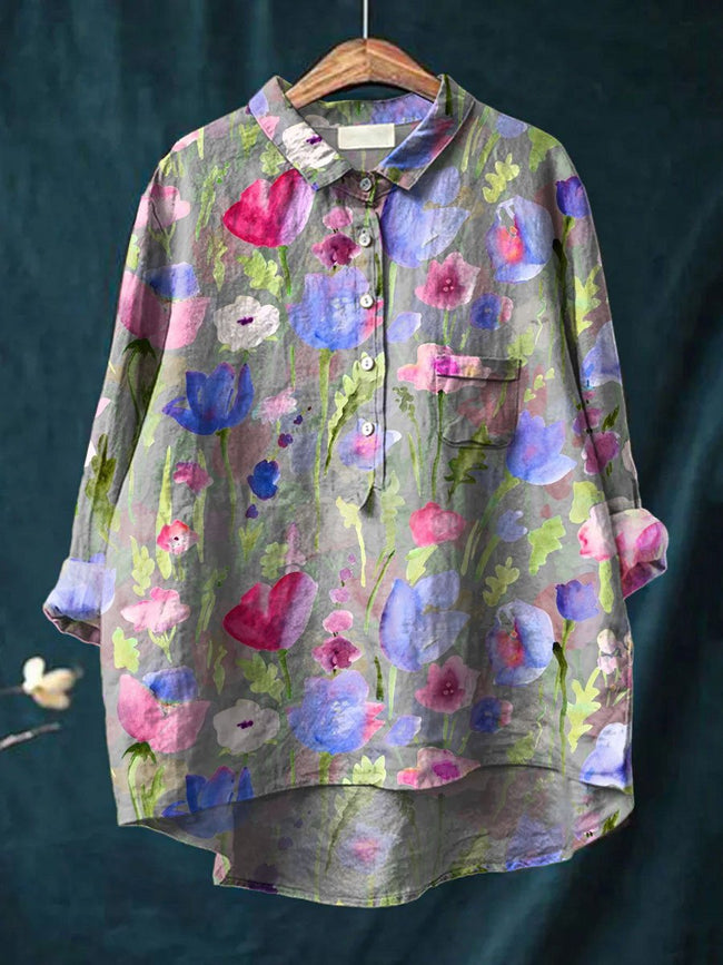 Women’s Colorful Flower Print Casual Cotton And Linen Shirt Multicolor / S