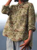 Women’s Retro Floral Art Print Casual Cotton And Linen Shirt