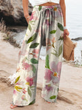 Watercolor Spring Floral Pattern Printed Women’s Cotton And Linen Casual Pants Multicolor / S