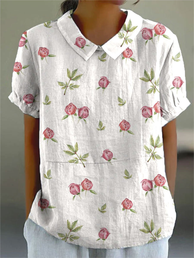 Women’s Rose Flower Print Casual Cotton And Linen Shirt Multicolor / S