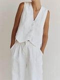 Women’s Solid Color Loose Elegant Casual Cotton And Linen Sleeveless Suit