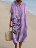 Embroidery Style Purple Pansy Floral Printed Women’s Flowy Dress Lightpurple / S