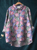 Women’s Vintage Lovely Tulips Art Print Casual Cotton And Linen Shirt Multicolor / S