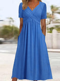 Women’s Half Sleeve V-Neck Solid Color Pockets Midi Dress Blue / S