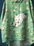 Women’s Lovely Cat Floral Art Print Casual Cotton And Linen Shirt