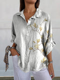 Plum Blossom Floral Art Printed Women's Casual Linen V-neck Shirt