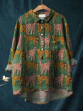 Women’s Cute Leopard Art Print Casual Cotton And Linen Shirt Multicolor / S