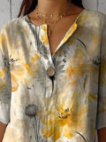 Watercolor Summer Floral Pattern Printed Women’s Casual Cotton Linen Shirt