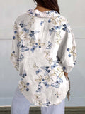 Women’s Vintage Blue Butterfly Print Casual Linen V-Neck Shirt