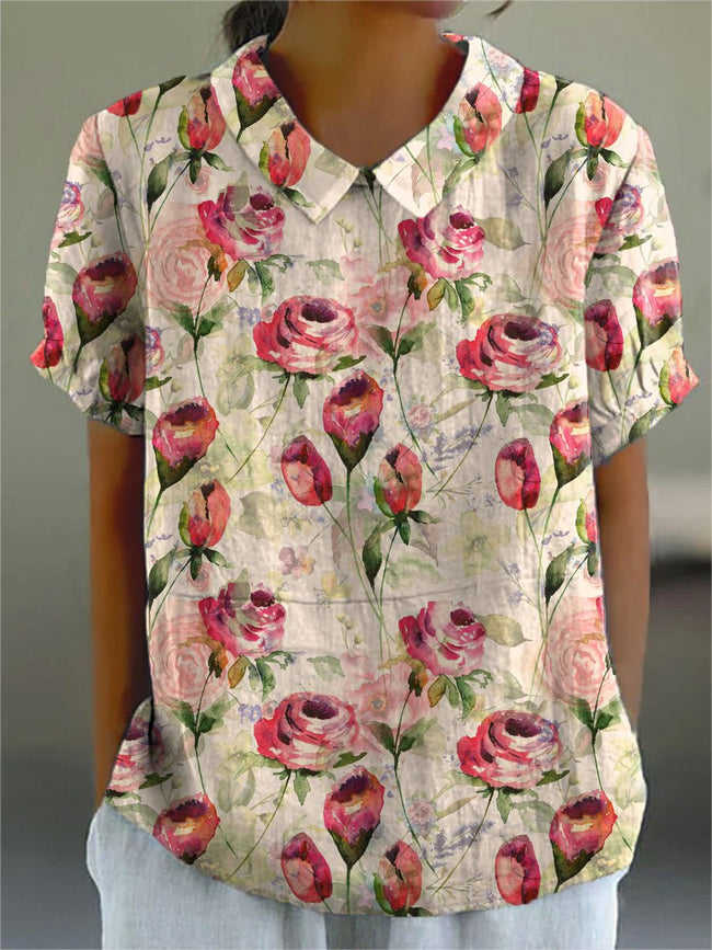 Women’s Flower Print Casual Cotton And Linen Shirt Multicolor / S