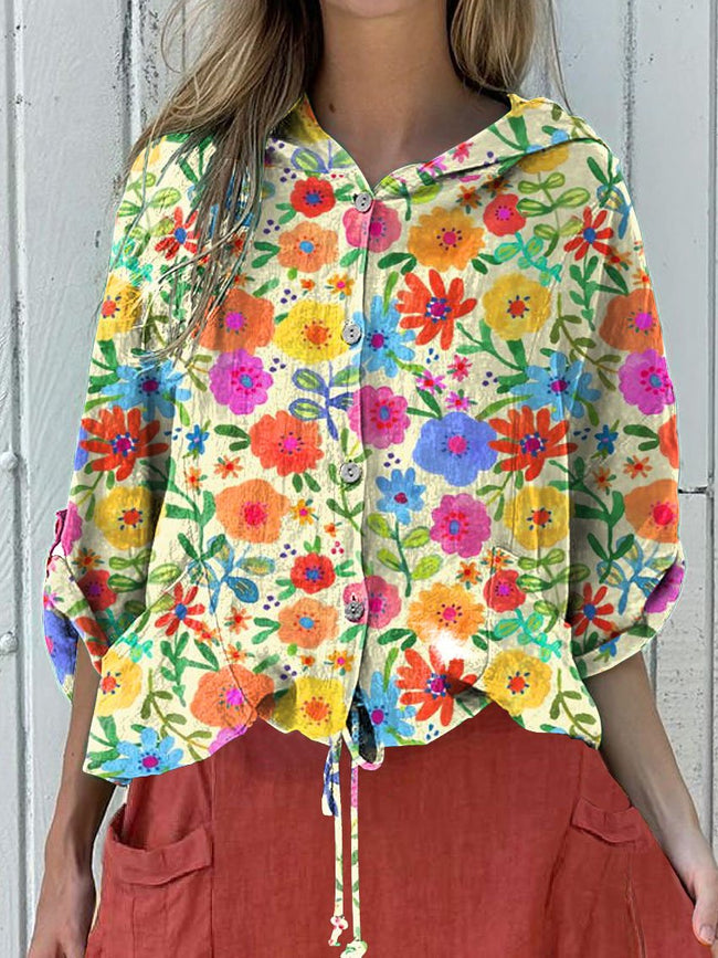 Women’s Colorful Pastoral Floral Print On Yellow Background Hooded Drawstring Linen Casual Blouse