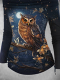 Women's Owl Fall Art Print Off Shoulder Foldover Cinched Top