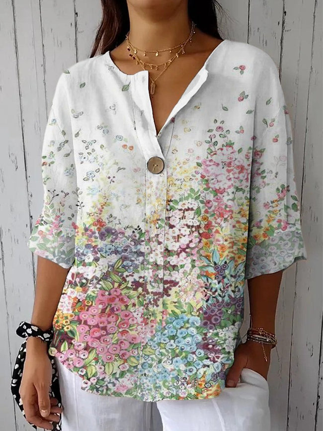 Women’s Colorful Floral Hem Print Casual Cotton Linen Shirt Multicolor / S