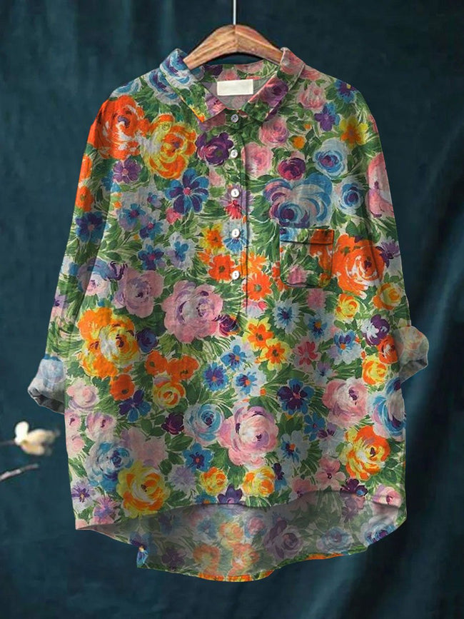 Women’s Vintage Flower Art Print Casual Cotton And Linen Shirt Multicolor / S