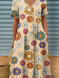 Spring Multicolor Daisy Seamless Repeat Pattern Printed Women’s Linen Pocket Tunic Dress