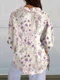 Women’s Purple Elegant Flower Floral Print Casual Linen V-Neck Shirt