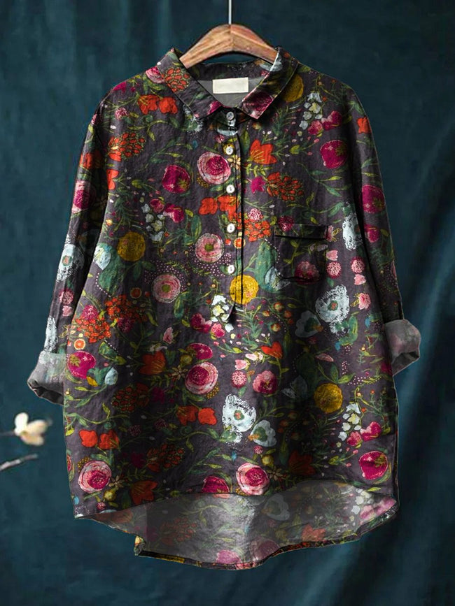 Women’s Floral Art Print Casual Cotton And Linen Shirt Multicolor / S