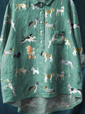 Vintage Lovely Dogs Art Print Casual Cotton And Linen Shirt