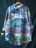 Vintage Lovely Fish Art Print Casual Cotton And Linen Shirt Multicolor / S