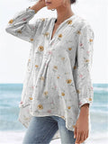 Petite Spring Floral Pattern Printed Women’s Casual Linen V-Neck Shirt White / S