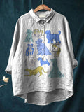 Lovely Puppy Dog Art Printed Women’s Casual Cotton And Linen Shirt Multicolor / S