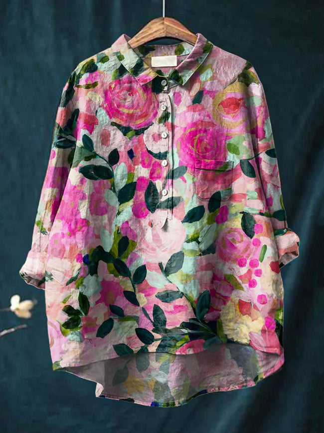 Women’s Flower Print Casual Cotton And Linen Shirt Multicolor / S