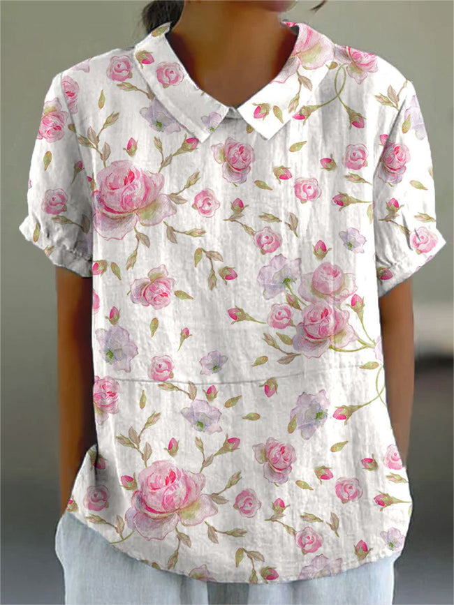 Women’s Rose Flower Print Casual Cotton And Linen Shirt Multicolor / S