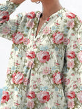 Vintage Style Romantic Rose Pattern Printed Women’s Casual Linen V-Neck Shirt