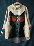 Vintage Funny Cat Art Print Casual Cotton And Linen Shirt Multicolor / S