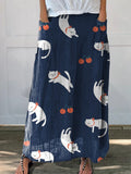 Lovely Cartoon Cat And Cherry Pattern Printed Women’s Linen Pocket Skirt