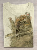 Vintage Cut Cat Print Casual T-shirt