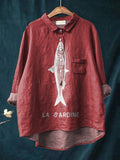 Sardine Fish Graphic Printed Women’s Casual Cotton And Linen Shirt Red / S