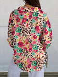 Women’s Red Floral Leopard Print Casual Linen V-Neck Shirt