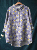 Sweet Daisy Repeat Pattern Printed Women’s Casual Cotton And Linen Shirt Multicolor / S