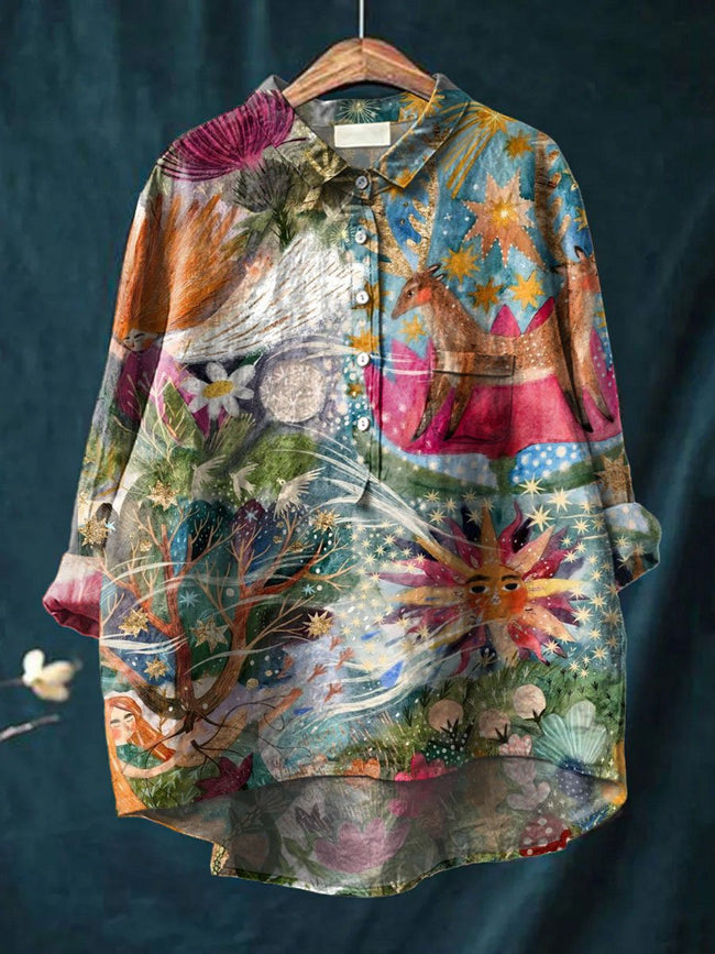 Women’s Art Print Casual Cotton And Linen Shirt Multicolor / S