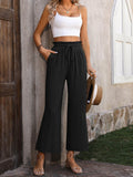 Women’s Solid Color Loose Elegant Casual Simple Cotton And Linen High Waist Wide Leg Pants Black / S