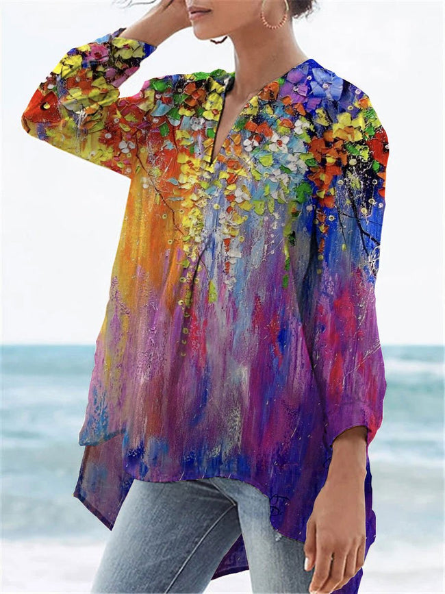 Women’s Flower Print Casual Linen V-Neck Shirt Multicolor / S