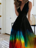 Women's Rainbow Ombre Print V Neck Maxi Dress