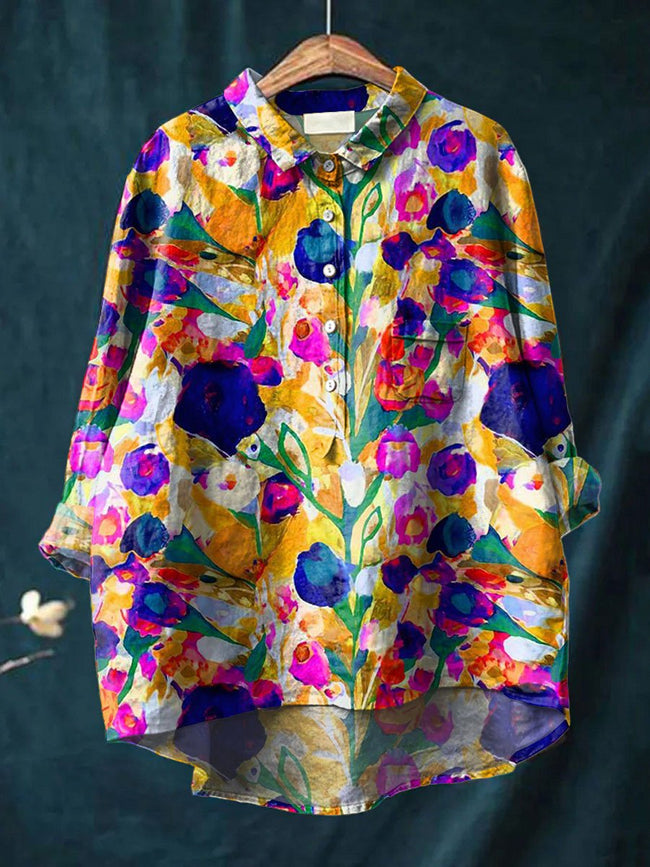 Women’s Flower Print Casual Cotton And Linen Shirt Multicolor / S