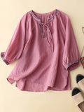 Cotton And Linen Embroidery V-Neck Mid Sleeve Summer Blouse Pink / M