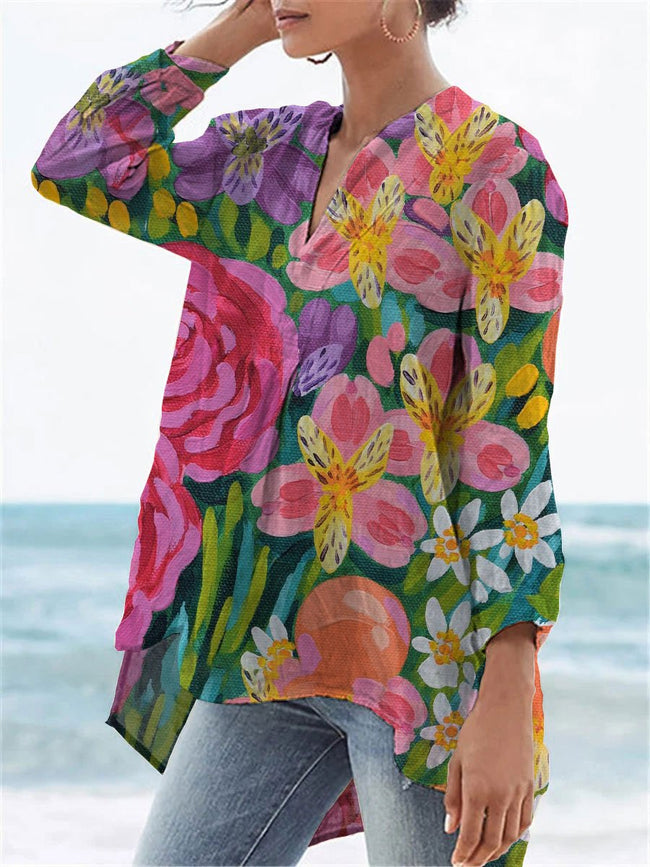 Women’s Flower Print Casual Linen V-Neck Shirt Multicolor / S