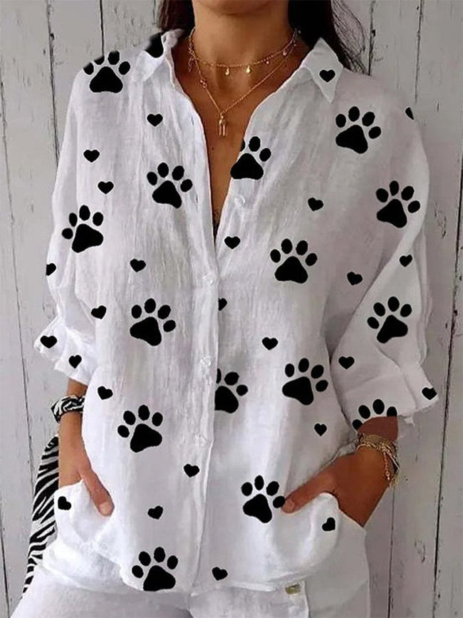 Women’s Paw Art Print Casual Linen V-Neck Shirt Multicolor / S