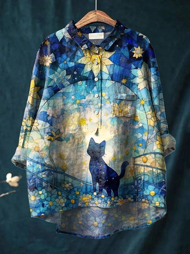 Women’s Beautiful Blue Little Black Cat Print Casual Cotton And Linen Shirt Multicolor / S