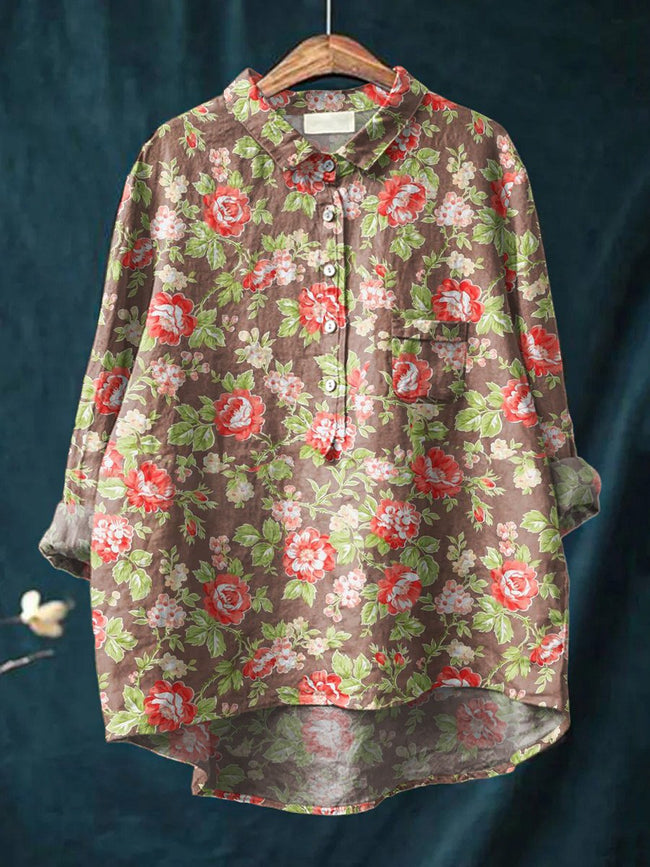 Women’s Floral Art Print Casual Cotton And Linen Shirt Multicolor / S