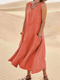 Women Sleeveless Sundress Elegant Round Neck Cotton Linen Solid Long Tank Casual Summer Dress