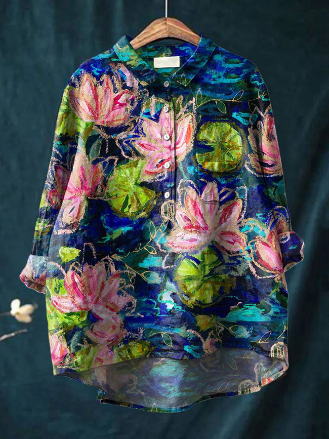 Women’s Flower Print Casual Cotton And Linen Shirt Multicolor / S